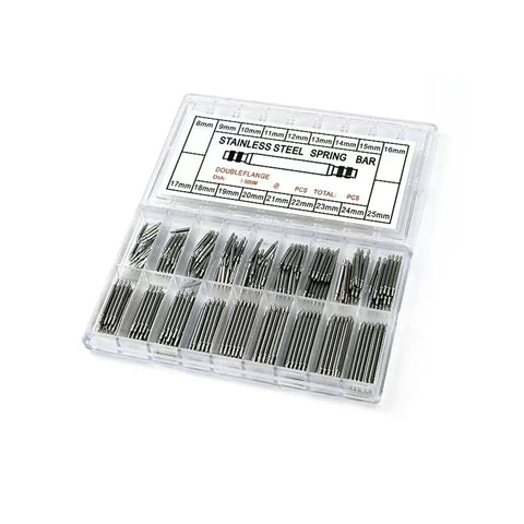 Pro Grade Watch Band Repair Kit With 8mm To 25mm Spring Bars And Pins, clear case displaying assorted stainless steel spring bars.