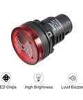 Red Indicator Light With Buzzer 24V AC DC Panel Mount 28mm Flashing Alarm showing LED chips, high brightness, and loud buzzer features.