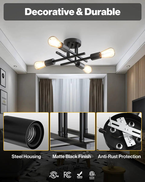 Modern matte black ceiling light fixture with multiple bulbs in a living room, showcasing steel housing and anti-rust features.
