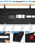 Black no-drill under desk cable management tray with clamp, storing power strip, focus on 36-inch cord organizer, premium fabric.