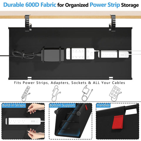 Black no-drill under desk cable management tray with clamp, storing power strip, focus on 36-inch cord organizer, premium fabric.