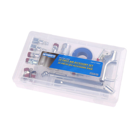 Plastic case with 1/4 Inch Air Compressor Fittings Kit With Blow Gun, Tire Gauge And Air Chuck, 20-Piece DIY Friendly Set visible inside