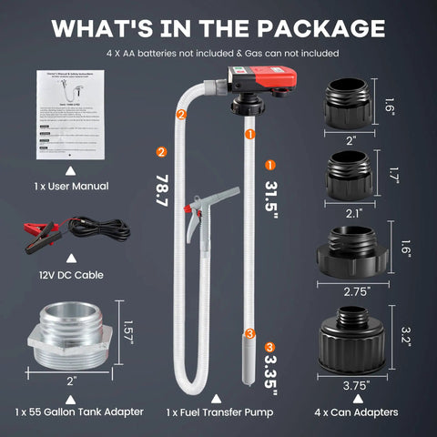 Heavy Duty Battery Powered Fuel Transfer Pump Pulling 3.8 Gallons Per Minute package details with user manual and components.