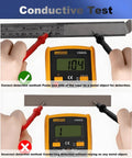 Faraday fabric tape 1in x 50ft; double-conductive high-temp cloth tape for EMI shielding, shown with a digital multimeter