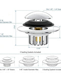 Bathtub Drain Stopper Pop-Up Tub Stopper Hair Catcher with dimensions, fits 1.45" to 1.8" drains, includes sealing gaskets.