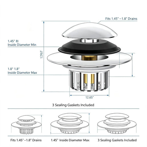 Bathtub Drain Stopper Pop-Up Tub Stopper Hair Catcher with dimensions, fits 1.45" to 1.8" drains, includes sealing gaskets.