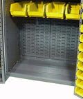 No Nonsense Shop Ready Heavy Duty Steel Organizer Cabinet With Secure Padlock Latch And One Hundred Thirty Six Durable Yellow Plastic Sorter Bins For Hardware interior showing yellow bins and metal structure.