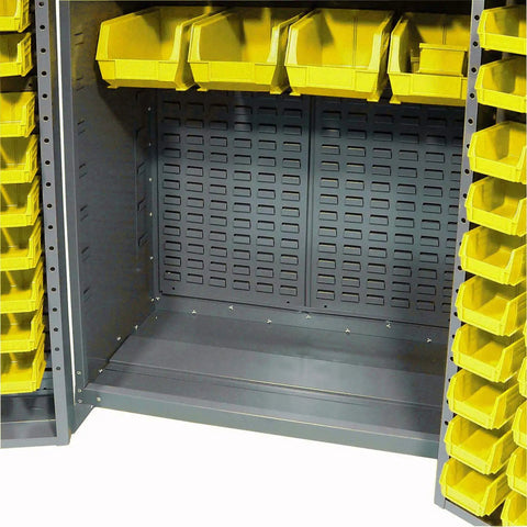 No Nonsense Shop Ready Heavy Duty Steel Organizer Cabinet With Secure Padlock Latch And One Hundred Thirty Six Durable Yellow Plastic Sorter Bins For Hardware interior showing yellow bins and metal structure.