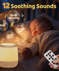 4 In 1 Baby Night Light Sound Machine With 35 RGB Colors And 12 White Noise Options near sleeping baby, remote control visible