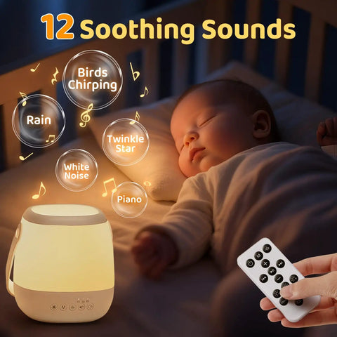 4 In 1 Baby Night Light Sound Machine With 35 RGB Colors And 12 White Noise Options near sleeping baby, remote control visible