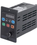 Super Slick Mini Motor VFD Inverter Converts Single Phase Power To Three Phase Output At 400W Variable Frequency Drive With Rock Solid Copper Core For Motors Pumps And Fans Designed For Easy Install And Reliable Power Control. Black front-view VFD with keypad and dial