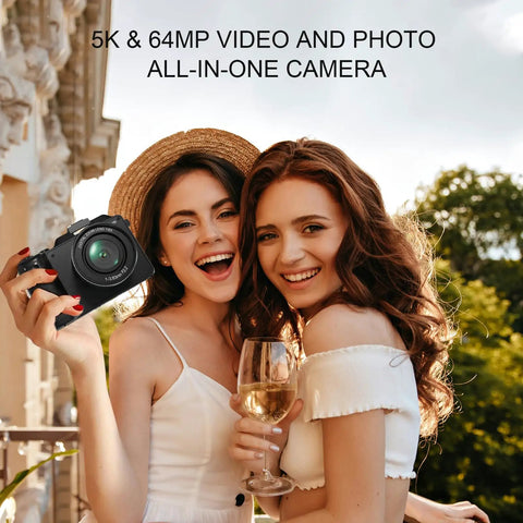 Two women smiling with a 64MP 4K 5K Digital Camera Kit With WiFi For YouTube Vlogging, capturing photos on a balcony.