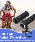 20X Full Twist Throttle for E Bikes and Scooters with waterproof connector, durable black rubber and metal design shown with cyclist in background.