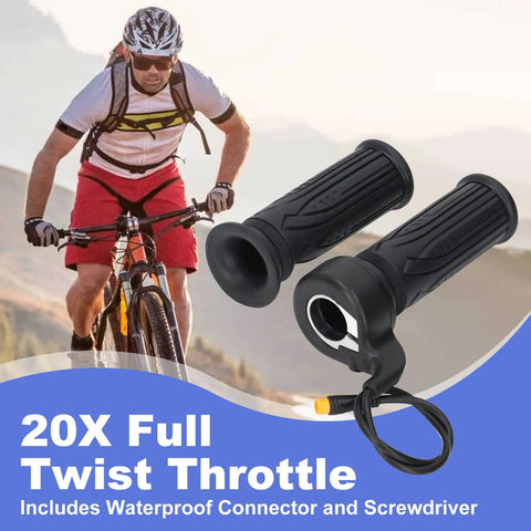 20X Full Twist Throttle for E Bikes and Scooters with waterproof connector, durable black rubber and metal design shown with cyclist in background.