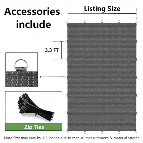 90 Percent UV Blocking Sun Shade Cloth 10x15 Feet With D Rings For Pergola Garden Patio Deck Backyard Breathable UV Resistant Cover Gray Durable Weather Resistant Outdoor Living And Heat Reduction, shown with accessories like zip ties and D-rings, dimensions marked.