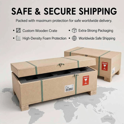 Custom wooden crate with high-density foam protection for safe worldwide shipping.
