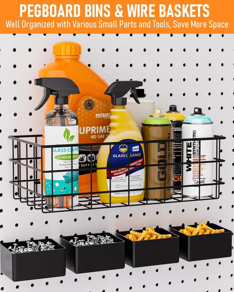 Pegboard Organizer Kit With 238 Pieces Hooks Bins Baskets Paper Towel Holder For One Eighth And One Quarter Inch Pegboards Solid Garage Wall Storage And Tool Hanger Set