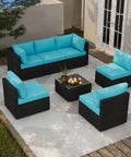 All Weather 7 Piece Outdoor Sectional Sofa Set With Waterproof Cover Wicker Patio Furniture Including Coffee Table Cushions And Rust Resistant Frame Blue Backyard Hangout Conversation Set For Garden And Patio