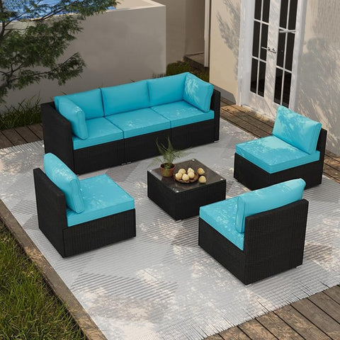 All Weather 7 Piece Outdoor Sectional Sofa Set With Waterproof Cover Wicker Patio Furniture Including Coffee Table Cushions And Rust Resistant Frame Blue Backyard Hangout Conversation Set For Garden And Patio