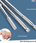Beefy Three Piece Breaker Bar Set With Fifteen And Eighteen Inch Dual Drive One Half Inch And Three Eighth Inch Bars Plus A Ten Inch Short Bar, 360 Degree Rotating Phosphated Heads And Ergonomic Non Slip Knurled Handles displayed on surface.