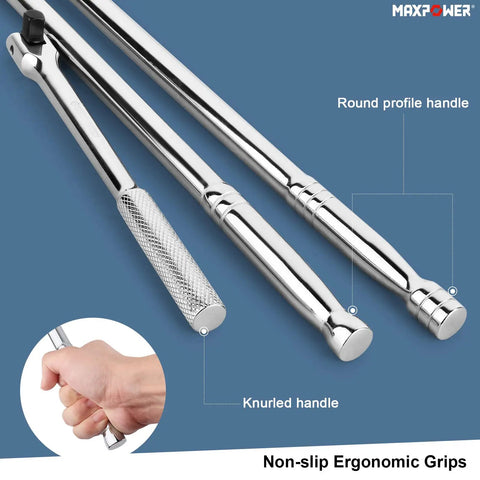 Beefy Three Piece Breaker Bar Set With Fifteen And Eighteen Inch Dual Drive One Half Inch And Three Eighth Inch Bars Plus A Ten Inch Short Bar, 360 Degree Rotating Phosphated Heads And Ergonomic Non Slip Knurled Handles displayed on surface.