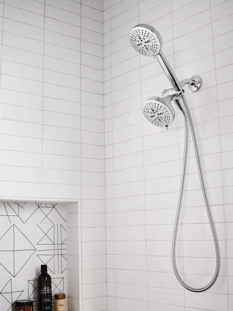 High Pressure Dual Shower Head With Handheld Spray Eight Settings Chrome Finish Three Way Diverter in a white tiled bathroom