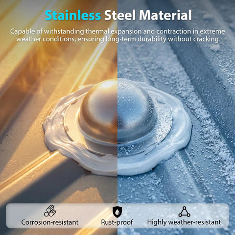 Stainless Steel Roofing Screw Caps Quick Fix for Roof Leaks on metal roof in sun and snow, showcasing weatherproof durability