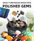 Rock Tumbler Kit With Quiet Polisher And Noise Reduction Cover Speed And Timer Control Includes Four Polishing Grits Rough Gemstones Learning Guide And A Cool Awesome Science Gift For All Ages showing polished gems.