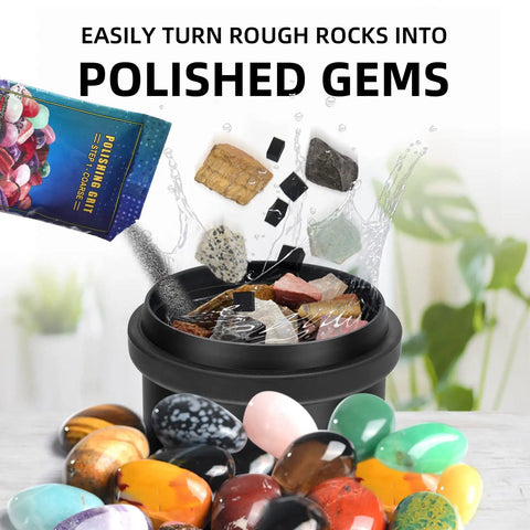 Rock Tumbler Kit With Quiet Polisher And Noise Reduction Cover Speed And Timer Control Includes Four Polishing Grits Rough Gemstones Learning Guide And A Cool Awesome Science Gift For All Ages showing polished gems.