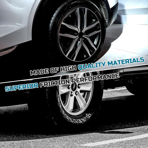 Front view of a car wheel with a silver alloy rim and tire; bold banner text across the image.