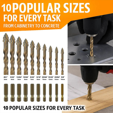 Kick Heavy Duty 4 Flute Drill Tap Combo Bits With Titanium Coated Carbide Tips And Hex Shank For Metal Wood Plastic Concrete That Cuts Fast And Gives Clean Threads On Every Project, 10 sizes shown
