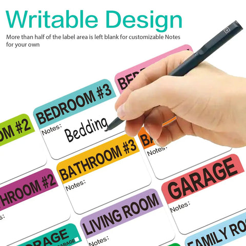 Hand writing on Massive 600 Count Moving Box Labels Pack For Three To Four Bedroom Homes With Writable Note Areas, color-coded labels