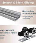 Heavy Duty 48 Inch Aluminum Bypass Sliding Closet Door Hardware Kit With Finger Pull For Two Door System Smooth And Quiet Operation Fits Doors From One And Three Eighths To One And Three Quarters Inches Thick Track Can Be Cut To Fit showing aluminum track and three-wheel rollers