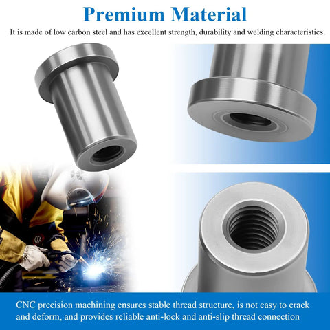 Close-up of Eight Piece Heavy Duty Weld On Nuts With Three Eighths Sixteen Thread Stepped Female Profile for Truck Builds, showcasing durable steel design.