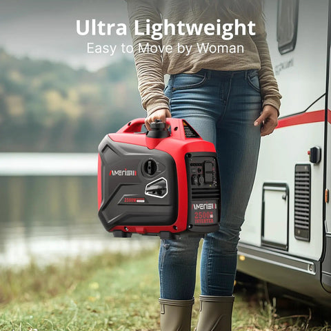 Person holding a Powerful 2500 Watt Gas Powered Portable Inverter Generator for Home and Outdoor Use near an RV.