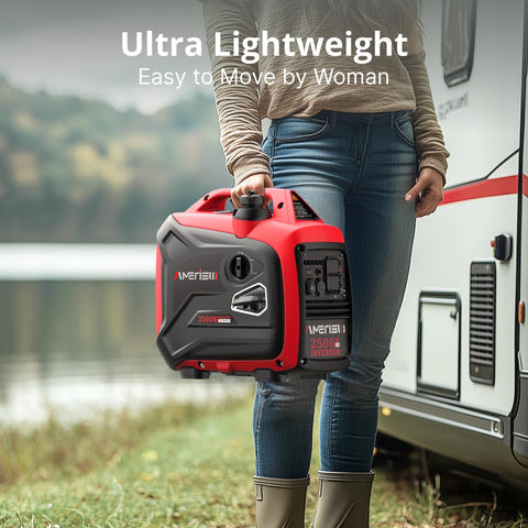 Woman holding On The Go 2500W Inverter Generator for camping and home use, super quiet, lightweight, by RV