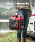 2500W Portable Inverter Generator With CO Sensor being carried by a person at a campsite, lightweight and easy to move