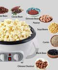Electric Home Coffee Roaster For Beans And Nuts 110V Kitchen Roaster with timer and temperature controls, various beans displayed.