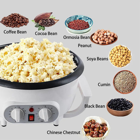 Electric Home Coffee Roaster For Beans And Nuts 110V Kitchen Roaster with timer and temperature controls, various beans displayed.