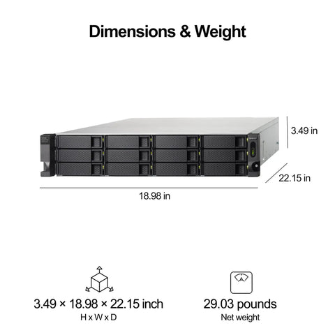Heavy Duty Rackmount JBOD Enclosure Packing Twelve Roomy 3.5 Inch Drive Slots With Rock Solid Redundant PSU Serving Blazing Fast USB 3.2 Type C Speeds For Worry Free Storage Upgrades dimensions 3.49 x 18.98 x 22.15 inches