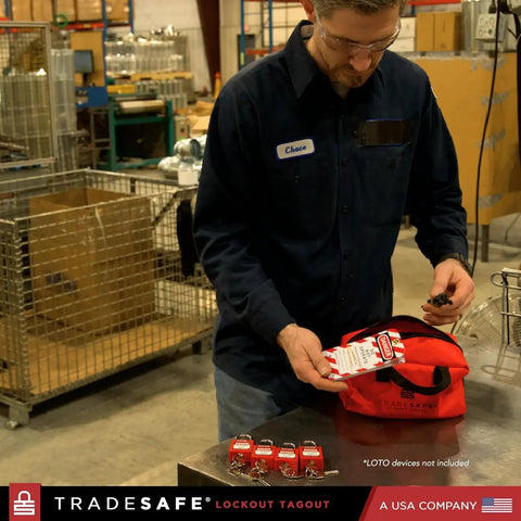 Person using Heavy Duty Lockout Tagout Bag for LOTO Devices, Industrial Grade Polyester Canvas Carry Case With Strong Handles, Tear Resistant.