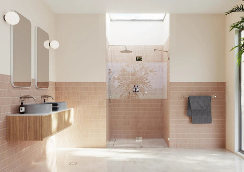 Frameless Shower Door Hinge With Enduroshield Glass Coating, 78 Inch By 47.5 Inch, Polished Brass Finish, Crystal Clear Tempered Glass For Modern Bathrooms, Slick Install And Built To Last Hardware in a modern bathroom