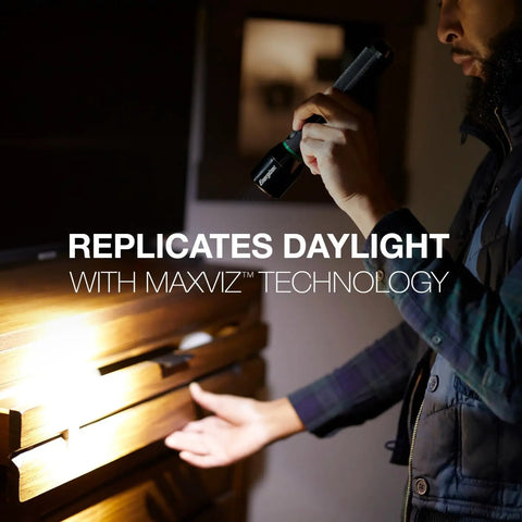 Man using Vision HD Rechargeable LED Flashlight With Digital Focus, Water Resistant Emergency Light For Camping and Indoor Use.