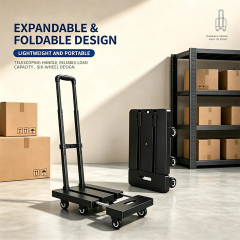 Six Wheel Platform Push Cart With Foldable Dolly Hand Truck Heavy Duty Moving Cart For Home Office And Shop Smooth Rolling With Four Universal And Two Fixed Wheels Space Saving Flat Fold Design, black steel cart folded and open