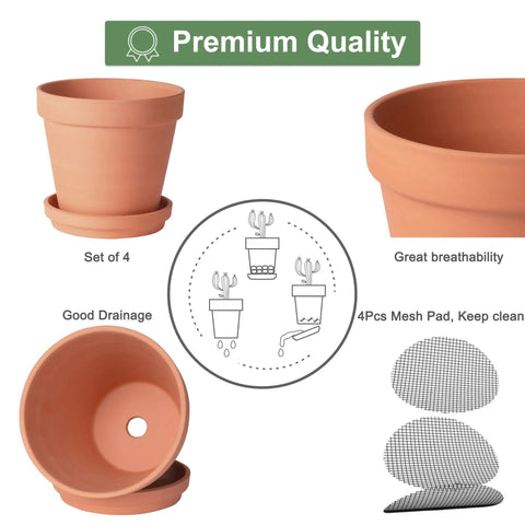 6 Inch Terracotta Clay Pots With Saucers Pack Of Four For Indoor And Outdoor Home Gardens With Drainage Holes And Tray
