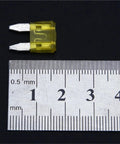 Close-up of a yellow blade fuse next to a ruler for size reference, part of the 600Pcs Auto Fuse Kit With Blade Fuses 5A 10A 15A 20A 25A 30A For Cars And Trucks, Easy Replace With Fuse Puller, Quick Identification, Must Have Safety Backup For DIY Electrical Repairs On The Go.