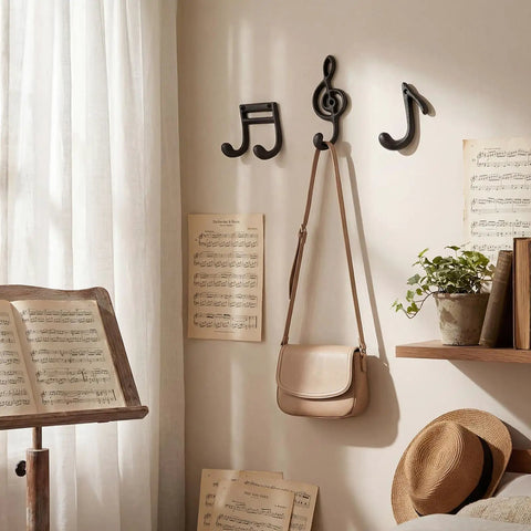 Fresh Black Cast Iron Musical Note Wall Hooks Set Of Three Decorative Coat Rack With Mounting Screws Hanging Clothes Bags And Keys In Music Room Or Kitchen Vibe on a wall, holding a bag.