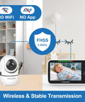 Seriously Solid No Wifi Baby Monitor Camera And Audio With Super Crisp Five Inch Screen, Smooth Pan And Tilt Control, Crystal Clear Two Way Talk, Totally Hassle Free Setup, Plus All Day Battery Power showing setup with a camera and monitor.