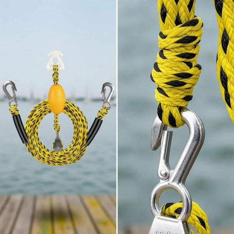 Marine Tow Line With Pulley Shock Absorb Bungee Dock Line Stretchable Rope Yellow And Green with stainless clips on dock