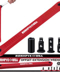 Beefy Offset Extension Wrench Set with Impact Ready Socket Extender, 13.4 inch length, red finish with square drive adapters.